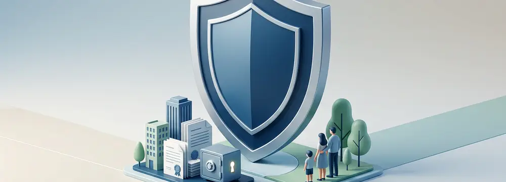 Schild schützt Gebäude, Dokumente, Safe und Familie. Symbol für Versicherung, Schutz vor Betrug und CEO-Fraud.