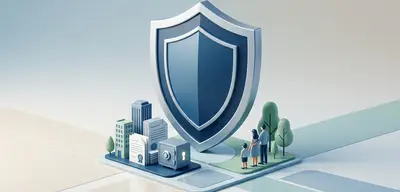 Schild schützt Gebäude, Dokumente, Safe und Familie. Symbol für Versicherung, Schutz vor Betrug und CEO-Fraud.