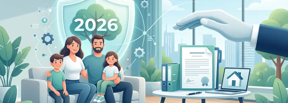 Familie auf Sofa unter einem Schutzschild "2026", Dokumente, Laptop und eine schützende Hand.