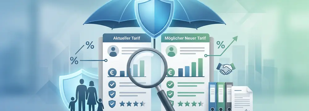 Vergleich von aktuellem und neuem PKV-Tarif mit Lupe, Familie und Schutzschirm. Fokus auf Leistungen und Beiträge.