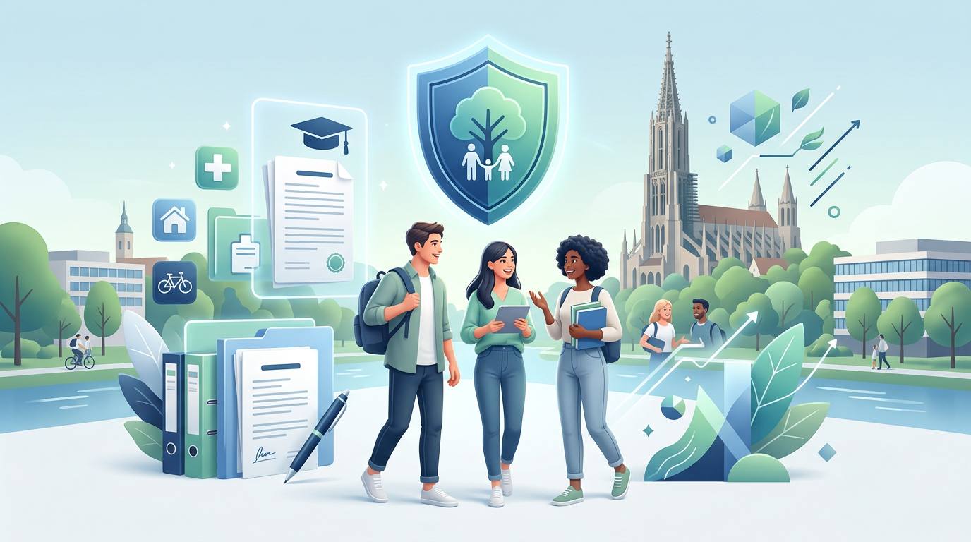 Studenten in Ulm, flankiert von Versicherungsunterlagen, Schutzschild und der Ulmer Münsterkulisse.