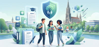 Studenten in Ulm, flankiert von Versicherungsunterlagen, Schutzschild und der Ulmer Münsterkulisse.