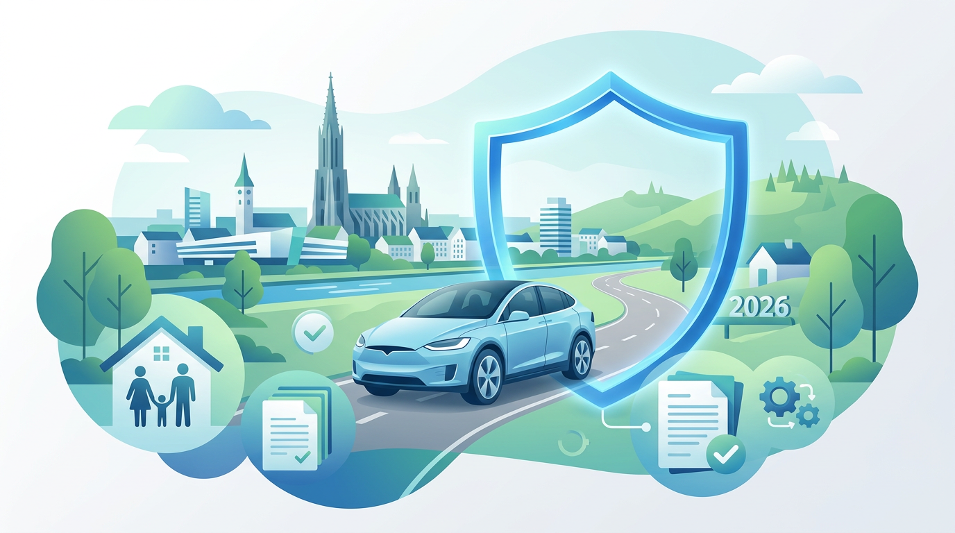Auto vor Ulm/Neu-Ulm Skyline mit Schutzschild, Dokumenten, Familie & "2026", symbolisiert Kfz-Versicherungswechsel.