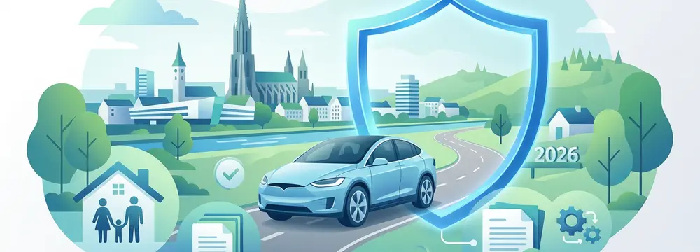 Auto vor Ulm/Neu-Ulm Skyline mit Schutzschild, Dokumenten, Familie & "2026", symbolisiert Kfz-Versicherungswechsel.