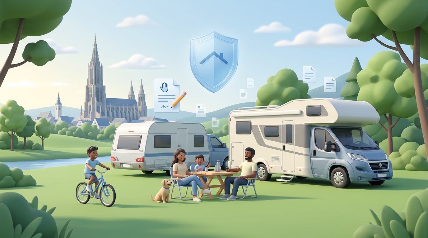 Zeichnung von Familie beim Campen in Ulm mit Wohnwagen und Wohnmobil. Schutzschild und Dokumente symbolisieren Versicherung.