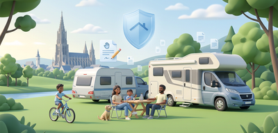 Zeichnung von Familie beim Campen in Ulm mit Wohnwagen und Wohnmobil. Schutzschild und Dokumente symbolisieren Versicherung.