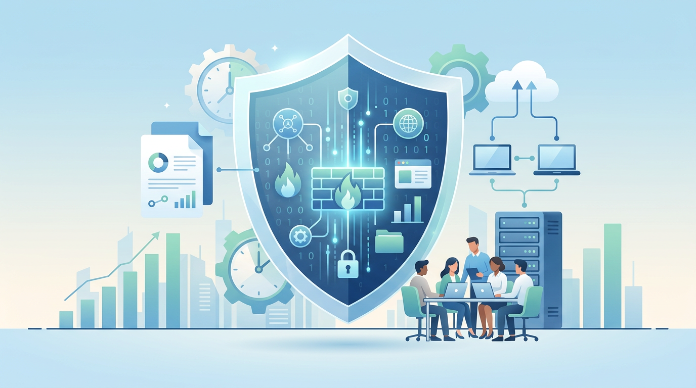 Schild mit stilisierten Firewall-Elementen schützt geschäftliche Cyber-Aktivitäten; Team vor Datenvisualisierungen.