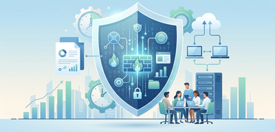 Schild mit stilisierten Firewall-Elementen schützt geschäftliche Cyber-Aktivitäten; Team vor Datenvisualisierungen.