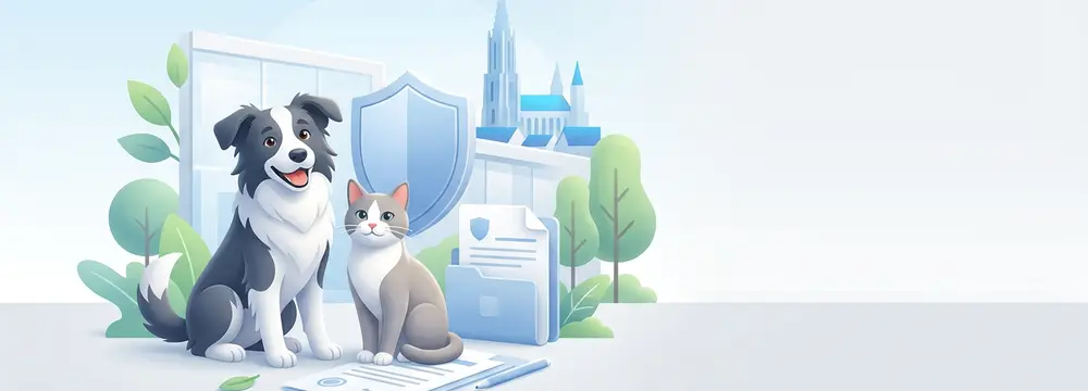 Cartoon von Hund und Katze, Schutzschild und Dokumenten vor Ulmer Münster, das Tierkrankenversicherung symbolisiert.