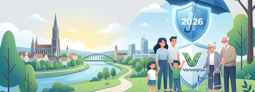 Familienvorsorge 2026: Ulm & Neu-Ulm Skyline mit Münster, Fluss und geschützten Generationen unter einem Schirm.