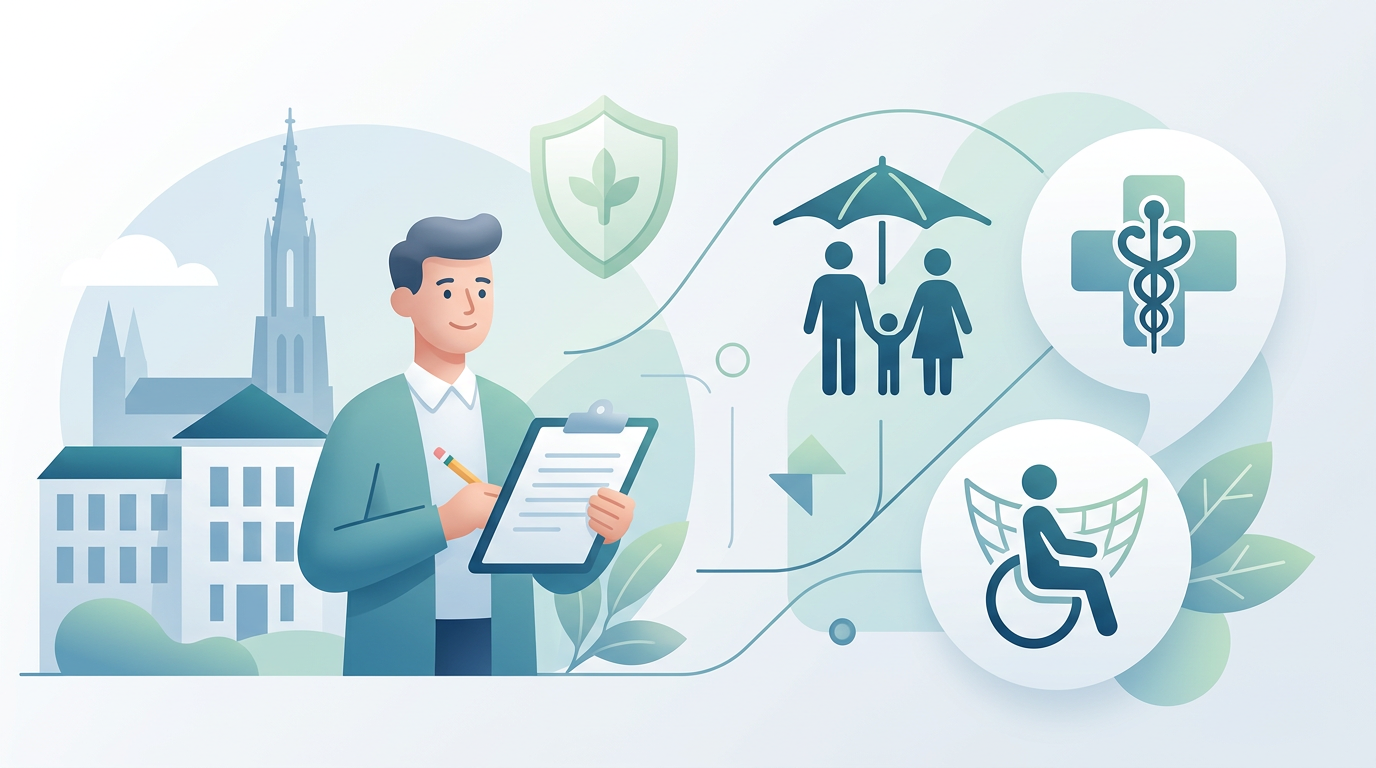 Berater in Ulm erklärt Versicherung für Beamte, mit Icons für Familie, Gesundheit und Dienstunfähigkeit.