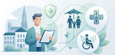 Berater in Ulm erklärt Versicherung für Beamte, mit Icons für Familie, Gesundheit und Dienstunfähigkeit.