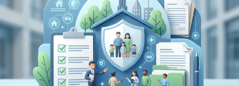 Illustration: Familie unter Schild, Beratung durch Makler, Checkliste für Versicherungen im urbanen Kontext von Ulm.