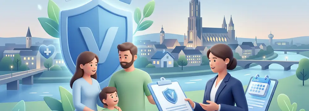 Familie erhält PKV-Beratung in Ulm/Neu-Ulm 2026: Schutzschild, Verträge und Kalender im Flusslandschaft.