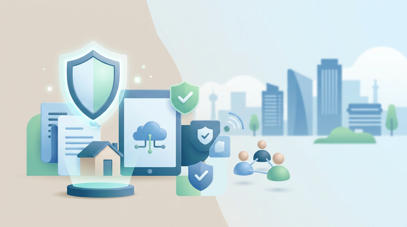 Digitale Sicherheitssymbole, Schutzschilder, Datensicherung und Stadtkulisse für Cyberversicherung.
