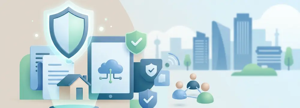 Digitale Sicherheitssymbole, Schutzschilder, Datensicherung und Stadtkulisse für Cyberversicherung.