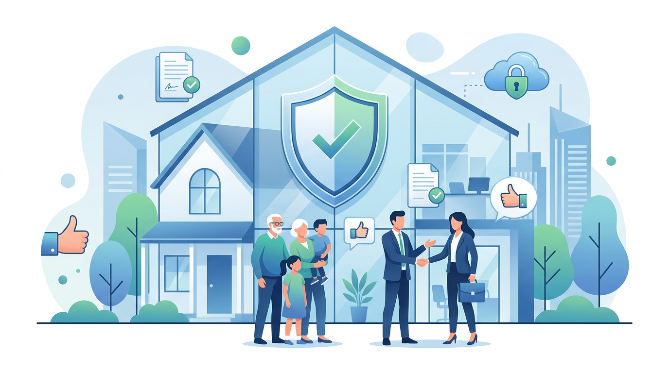 Sichere Familie vor Haus mit Versicherungspersonal, Schutzschild und Dokumenten.