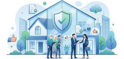 Sichere Familie vor Haus mit Versicherungspersonal, Schutzschild und Dokumenten.